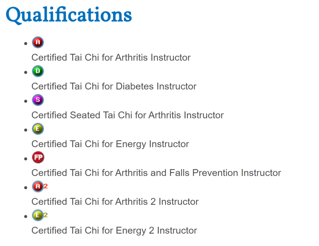 Mary Ann Benoit Tai Chi Certifications through the Tai Chi Institue of Health